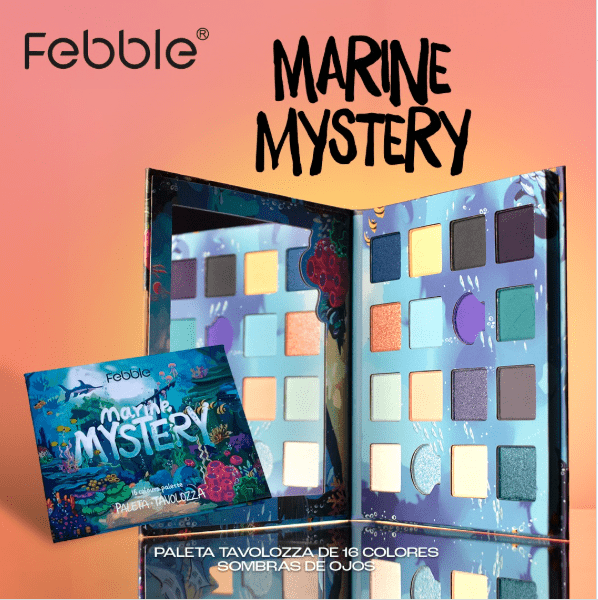 Febble Marine Mystery Eyeshadow Palette open showing 16 shades