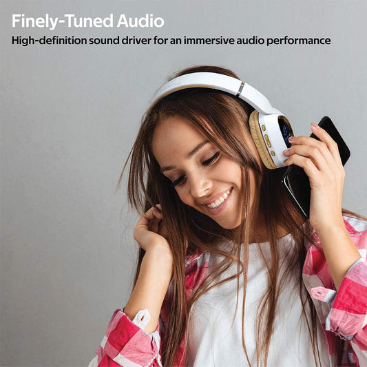 Wireless Bluetooth headphones with glowing LED speedometer display on the ear cup